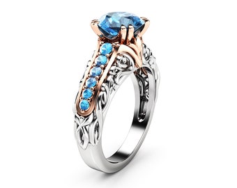 Glorious Blue Diamond Engagment Ring 14K Two Tone Gold Anniversary Ring