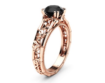 Black Diamond Engagement Ring Rose Gold Solitaire Ring Unique Ring Miligrain Ring Anniversary Gift