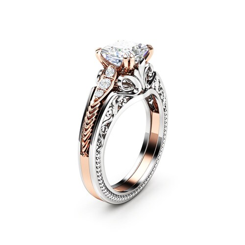 Unique Engagement Ring Princess Cut Diamond Ring Two Tone Gold Etsy