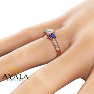 Three Stone Diamond Sapphire Engagement Ring 14K Rose Gold Ring Art Deco Engagement Ring image 5