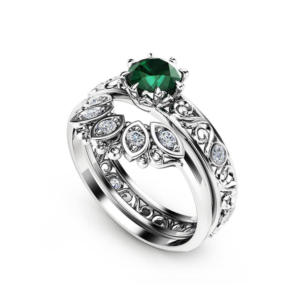 Emerald Engagement Ring Set 14K White Gold Rings Emerald Engagement