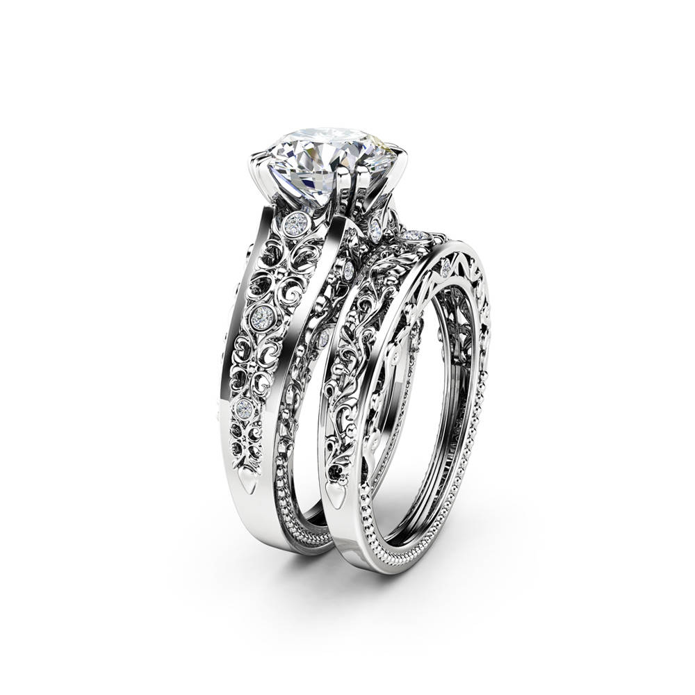 Unique Moissanite Engagement Ring Set 14K White Gold Ring | Etsy