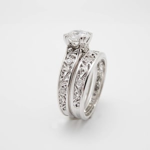 Art Deco Diamond Engagement Ring Set: 14K White Gold Filigree Band