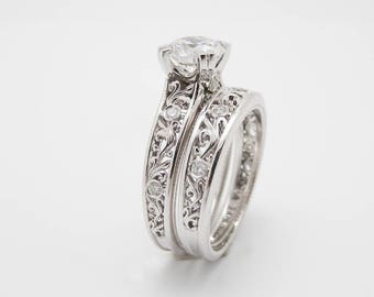 Unique Engagement Ring Natural Diamond Wedding Rings 14K White Gold Promise Ring Art Deco Filigree Band