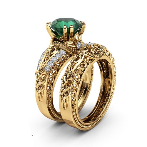2 Carat Emerald Engagement Ring Set Unique 14K Yellow Gold - Etsy