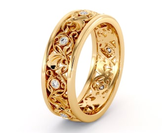 Anillo de bodas vintage con diamantes de laboratorio: anillo floral único en oro de 14 quilates