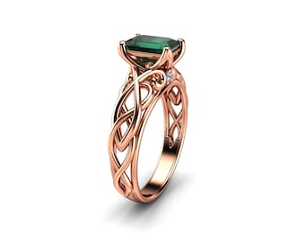 Unique Victorian Emerald Engagement Ring 14K Rose Gold  Ring Art Deco Emerald  Engagement Ring