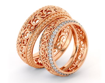 Filigree Matching Band Set Wedding Band His And Hers Set 14K Rose Luxury Twin Rings