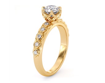 Yellow Gold Unique Royal Ring for Her Fine Jewelry Round Shape Moissanite