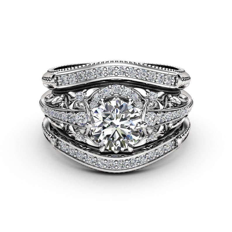 Moissanite Engagement Ring Guard Set Unique 14K White Gold Etsy