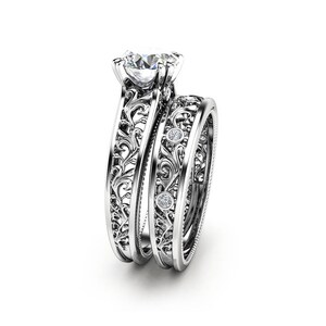 Exquisite Filigree Lab Diamond Bridal Set – Vintage Engraved Wedding Band Set