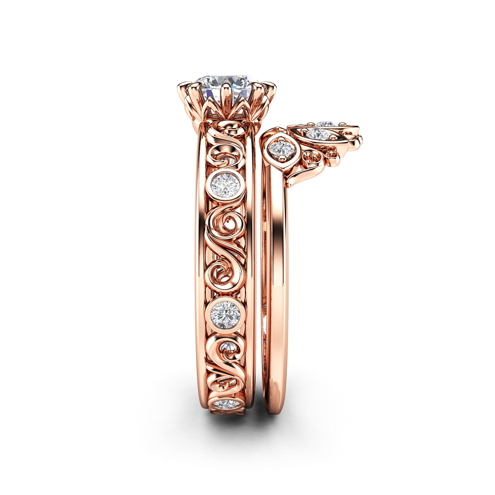 Natural Diamond Wedding Ring Set in 14K Rose Gold Unique Etsy