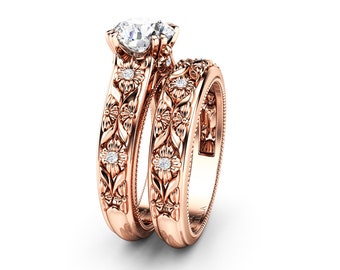 Filigree Flowers Moissanite Wedding Ring Set 14K Rose Gold Ring Unique Floral Ring Bridal Set