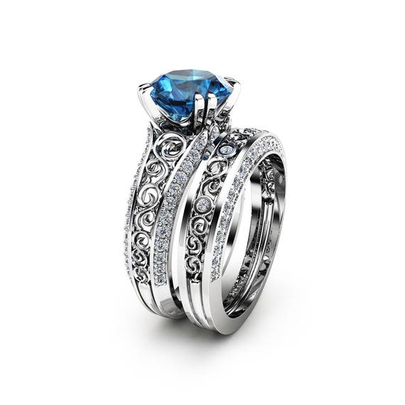 London Blue Topaz Engagement Ring Set 2 Carat Topaz Bridal Set | Etsy