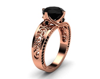 2 Carat Black Diamond Rose Gold Engagement Ring / Filigree Victorian Ring / Unique Gift Right Hand Ring / Vintage Art Deco Engagement Ring