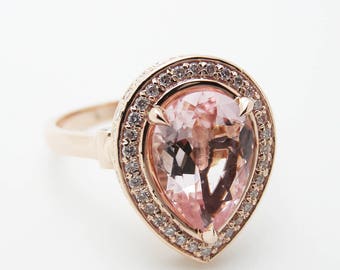 14K Rose Gold Morganite Ring Pear Cut Engagement Ring Unique Halo Engagement Ring