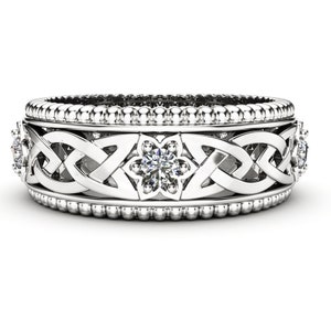 Diamond Celtic Wedding Band: 14K White Gold Ring