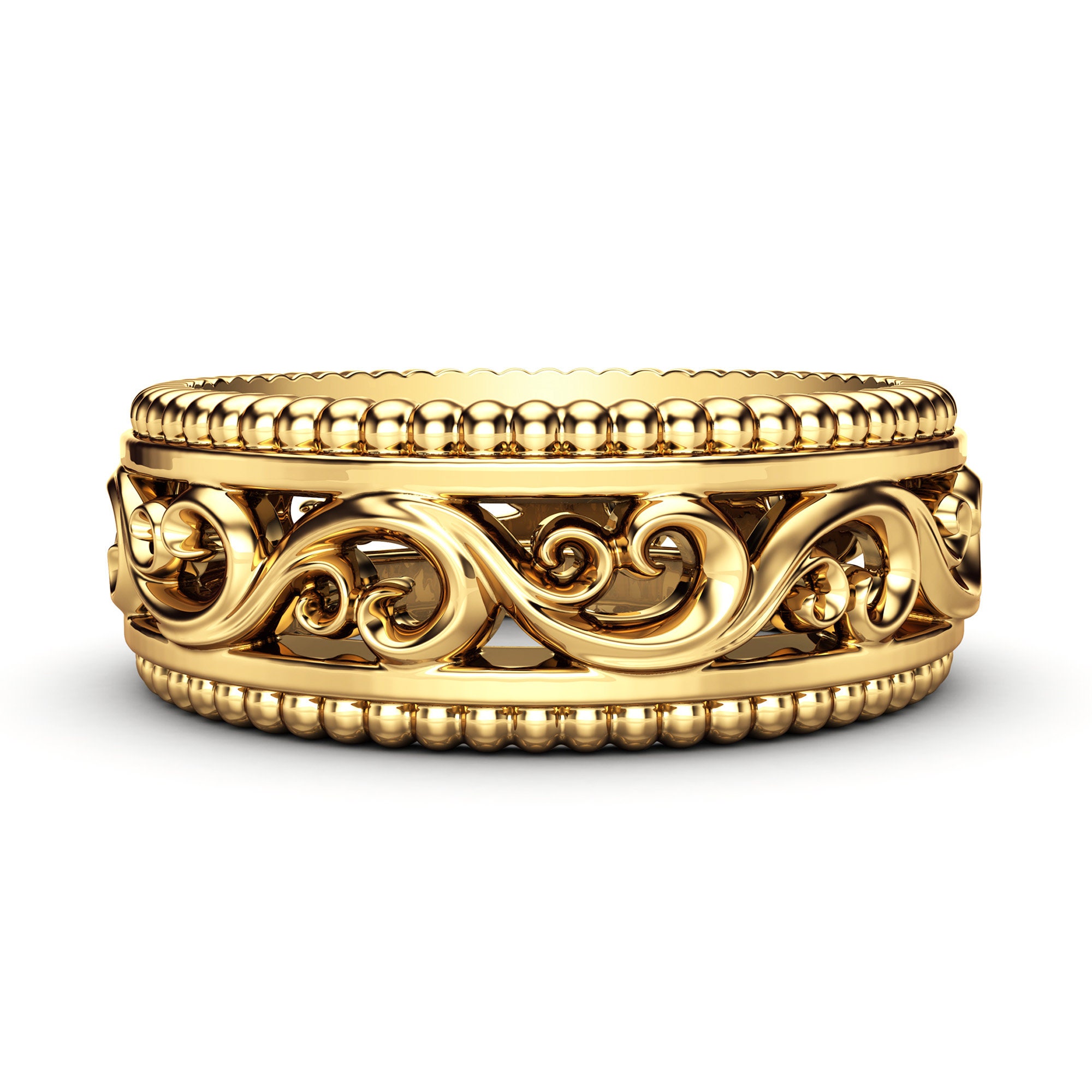 14K Gold Mens Wedding Band: Vintage Filigree Design