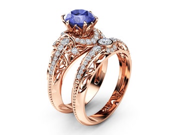Tanzanite Engagement Ring Set 14K Rose Gold Diamonds Rings Tanzanite Ring and Matching Diamond Wedding Band Fine Jewelry