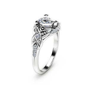 Trillion Moissanite Engagement Ring: 14K White Gold, Natural Diamond Trellis