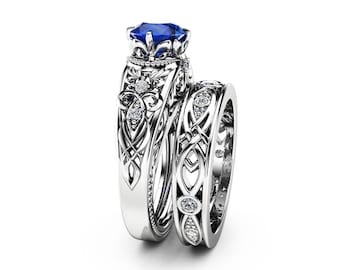 Sapphire Victorian Engagement Ring Set 14K White Gold Victorian Ring Sapphire Engagement Matching Rings