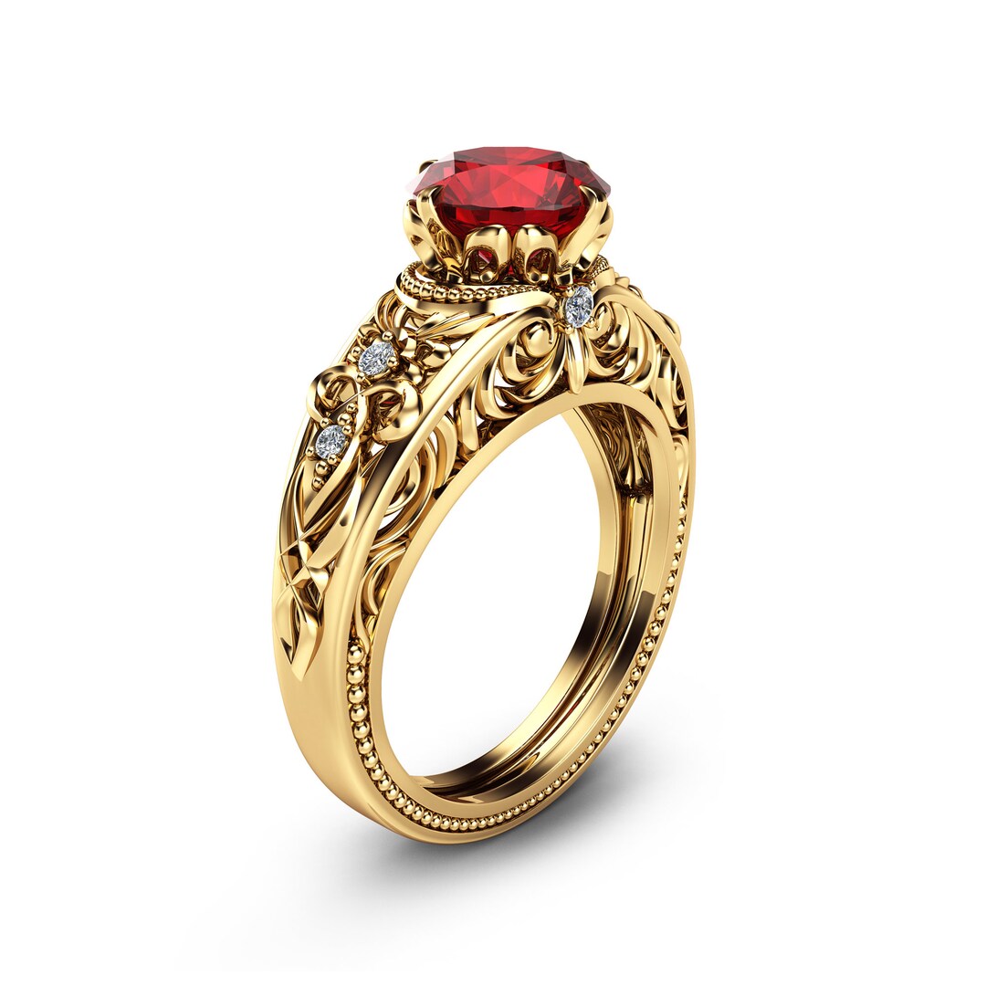 Stylish Vintage 14K Yellow Gold Ring Natural Garnet Engagement Ring - Etsy