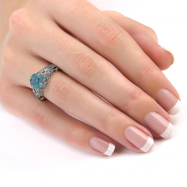 Unique Engagement Ring 14K White Gold Ring Blue Diamond Engagement Ring image 7