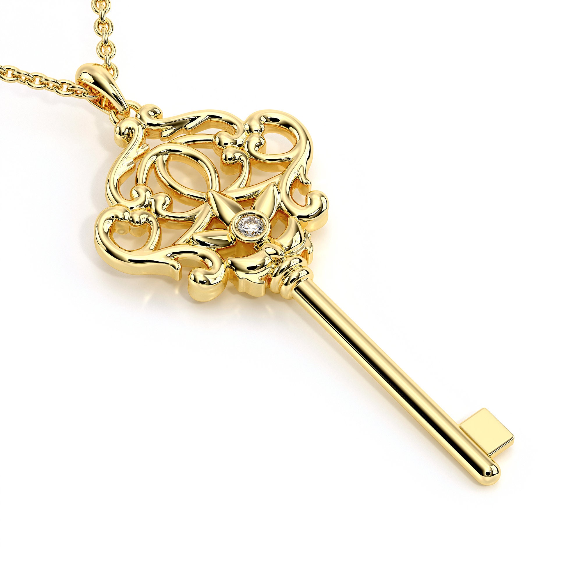 Diamond Key Pendant, Heart Key Love Necklace, 14K Yellow Gold 0.25 Carat Pave Handmade