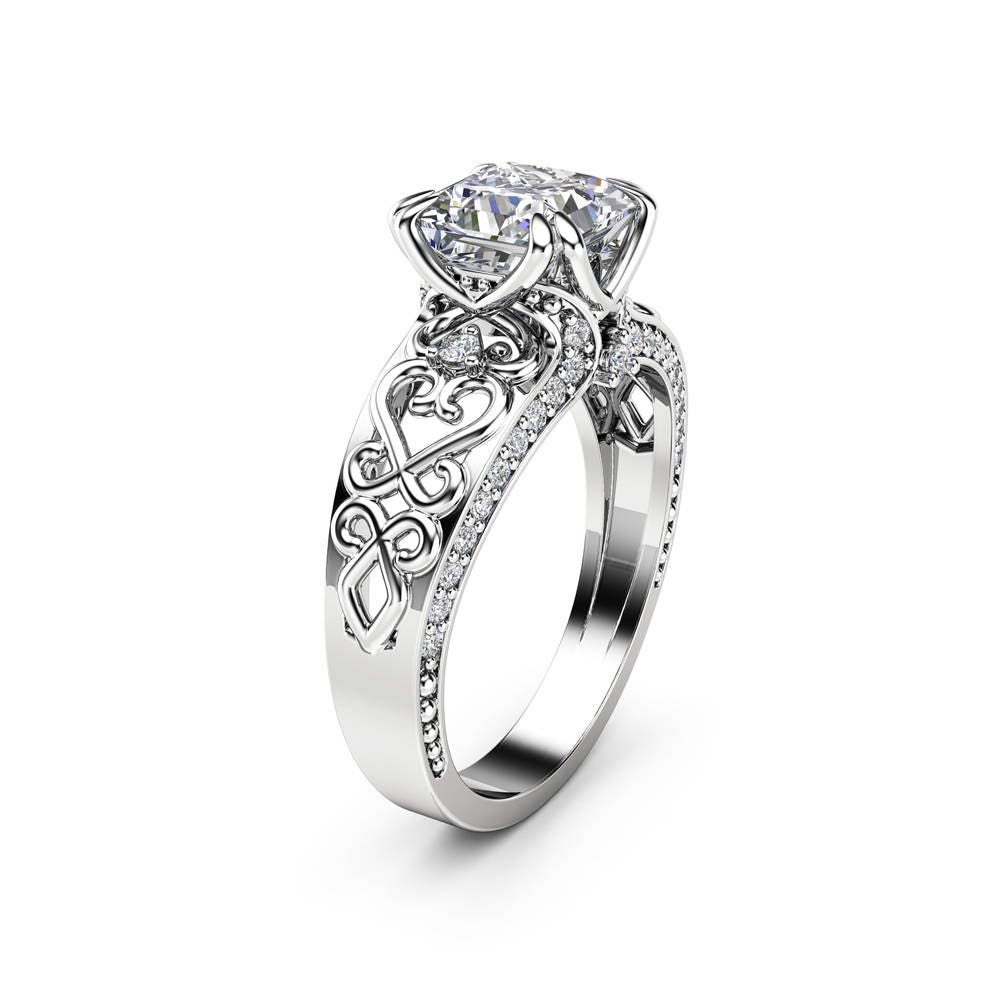Princess Moissanite Engagement Ring 14K White Gold Filigree | Etsy