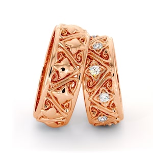Unique 14K Rose Gold Diamond Wedding Bands: Matching Promise Rings