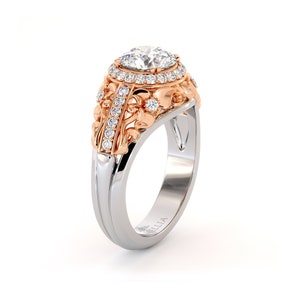 Moissanite Two Tone Gold Engagement Ring Unique Diamond Halo Ring