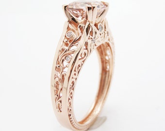 Vintage bloemen 2 karaat perzik-morganiet verlovingsring: 14 kt roségoud, lab-diamantenaccenten