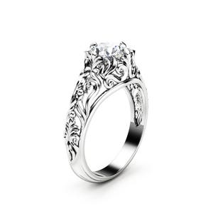 Unique Moissanite Engagement Ring 14K White Gold Filigree Promise Ring