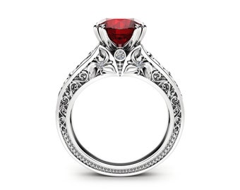 Ruby Unique Engagement Ring 14K White Gold Natural Ruby Ring  Vintage Unique Engagement Ring