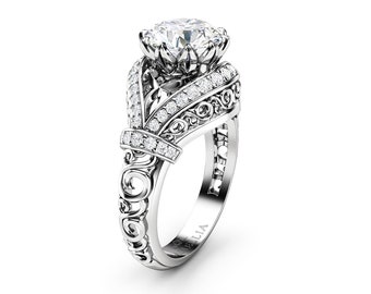 White Gold Round Cut Lab Grown Diamond Engagement Ring Unique Wedding Ring Art Nouveau Diamonds Ring