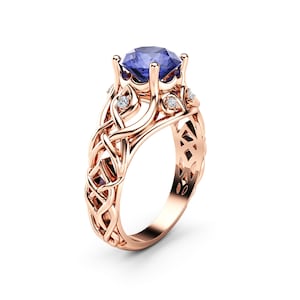 Celtic Bluish Violet Tanzanite Engagement Ring 14K Rose Gold Ring Natural Tanzanite Engagement Ring