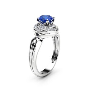 Natural Blue Sapphire Engagement Ring 14K White Gold Ring Unique Diamond Spiral Halo Engagement Ring