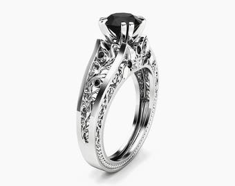 1 Carat Black Diamond Engagement Ring 14K White Gold Filigree Ring