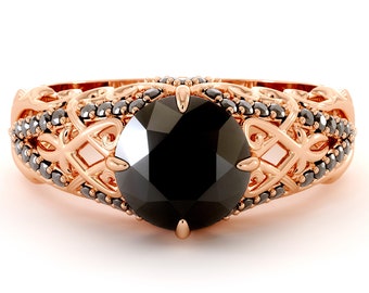 Art Deco Engagement Ring 14K Rose Gold Ring Black Diamond Engagement Ring