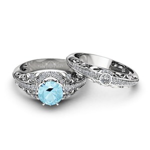 Aquamarine Engagement Ring Set 14K White Gold Diamonds Rings - Etsy