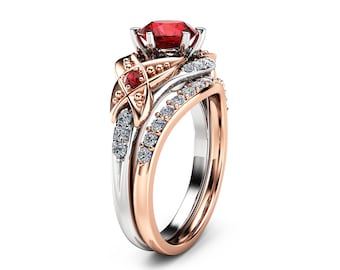 Ruby Engagement Ring Set, 14K Two Tone Gold Ring Set, Engagement Wedding Rings, Bridal Ruby Ring, Art Deco Wedding Ring Set