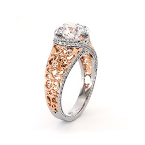 Art Deco 2.00 Ct Round Diamond Filigree Ring | Art Deco 14K Two Tone Gold Engagement Ring