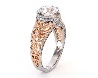 Art Deco 2.00 Ct Round Diamond Filigree Ring | Art Deco 14K Two Tone Gold Engagement Ring