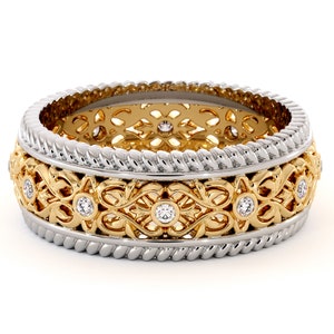 Diamond Mens Wedding Band: 14K Two Tone Gold Floral Ring