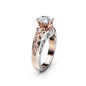 14K Two Tone Gold Moissanite Engagement Ring: Flower Vintage Ring