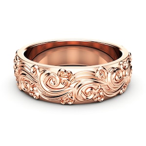14K Rose Gold Mens Wedding Band: Unique Floral Ring