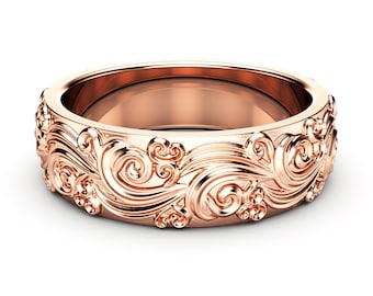 14K Rose Gold Mens Wedding Band: Unique Floral Ring