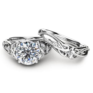 Celtic Art Deco CVD Lab Grown Diamond Engagement Ring Set: 14K White Gold