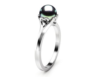 Black Pearl Engagement Ring White Gold Ring Solitaire Engagement Ring Gold Pearl Ring