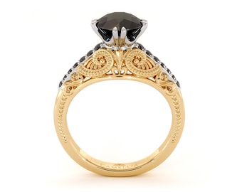 Victorian Style Black Diamond Ring 14K Two Tone Gold Engagement Ring